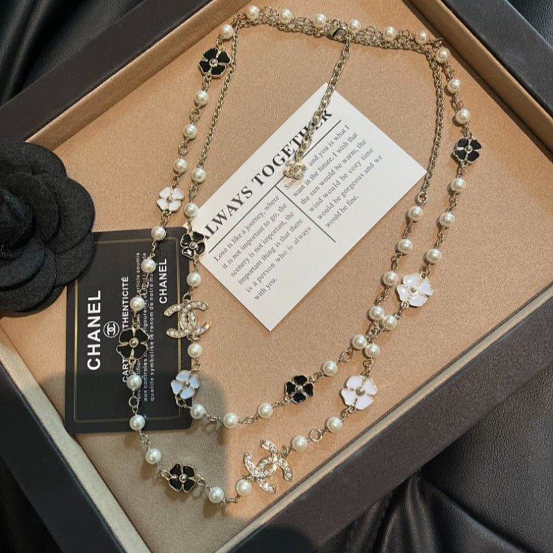 Chanel Pearl Enamel Flower Double C Necklace