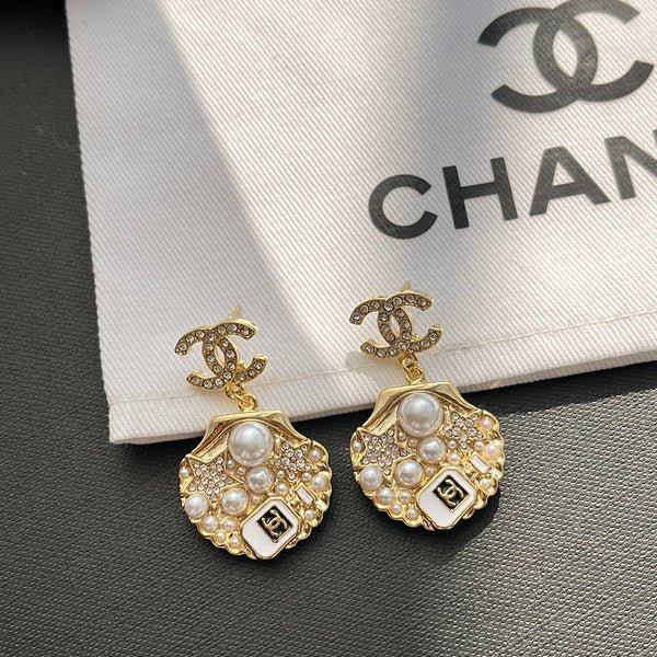 Chanel Gold Crystal Shell Earrings