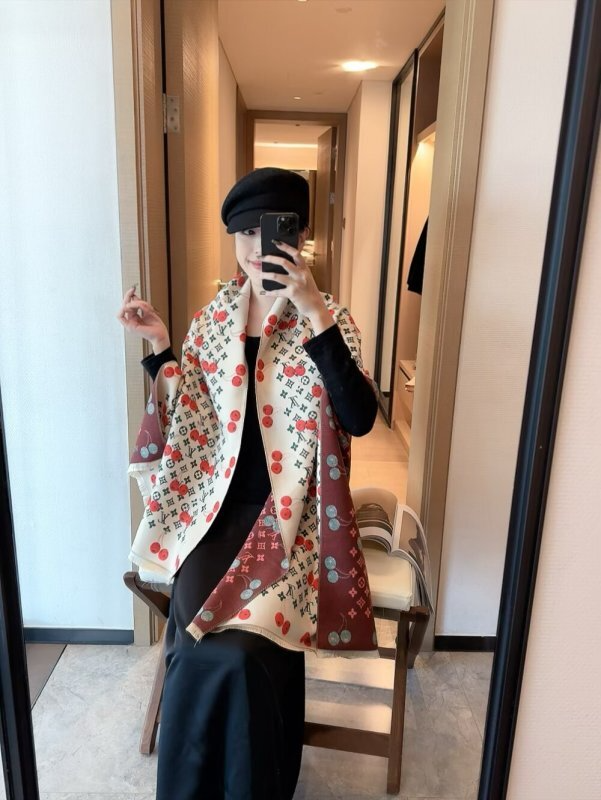 Alternative view of LV Monogram Cherry Print Fringed Cream Shawl
