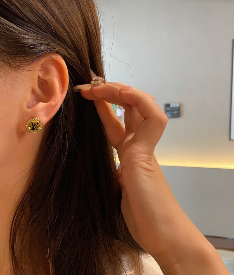 LV Dual Tone Enamel Zircon Coin Stud Earrings - Image 8