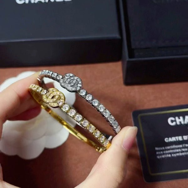 CHANEL Rose Rhinestone CC Stackable Bangle Pair