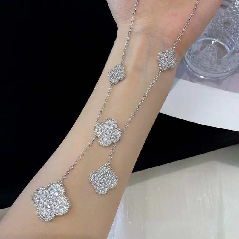 VCA 6 Motifs Full Diamond Clover Silver Necklace - Image 6