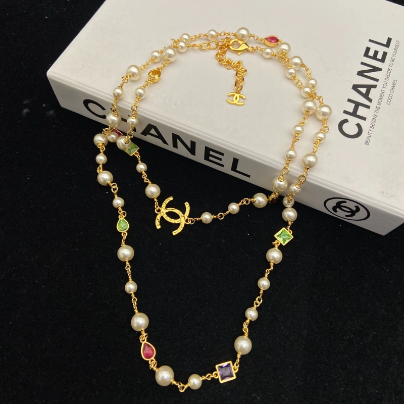 Chanel Gold Pearl Color Gem CC Dual Necklaces - Image 4