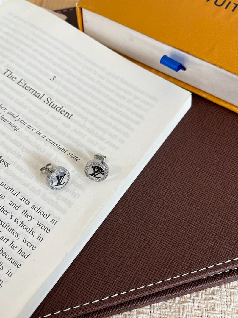 LV Dual Tone Enamel Zircon Coin Stud Earrings - Image 4