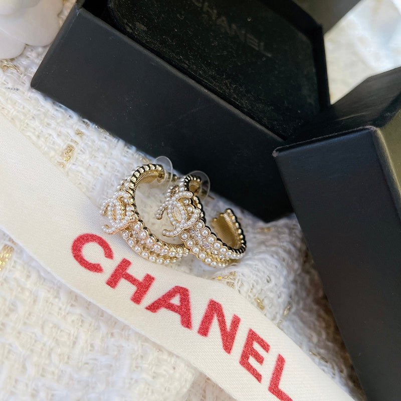 Alternative view of CHANEL Full Pearl Wrapped CC Hoop Stud Earrings
