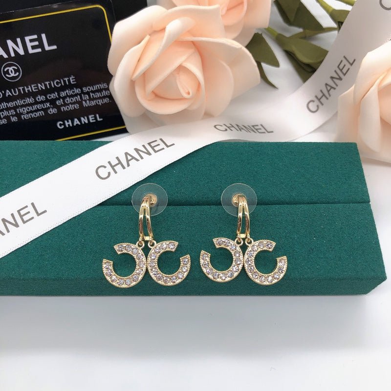Chanel Hollow Rhinestone CC Hoop Drop Earrings - Image 4