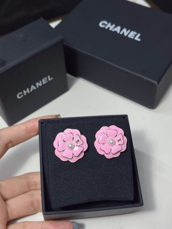 Chanel Pink Enamel Camellia Pearl Stud Earrings - Image 4