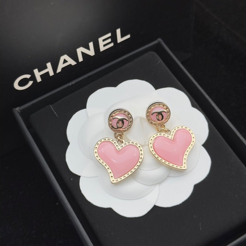 Chanel Pink Enamel Heart Drop Earrings - Image 8