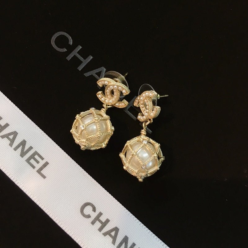 Alternative view of CHANEL Pearl Crystal Grid CC Ball Drop Earrings
