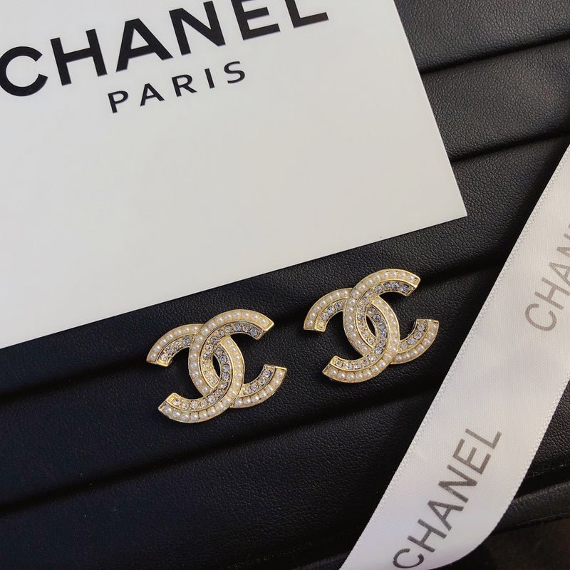 Chanel Full Paved Rhinestone Double C Flat Earrings