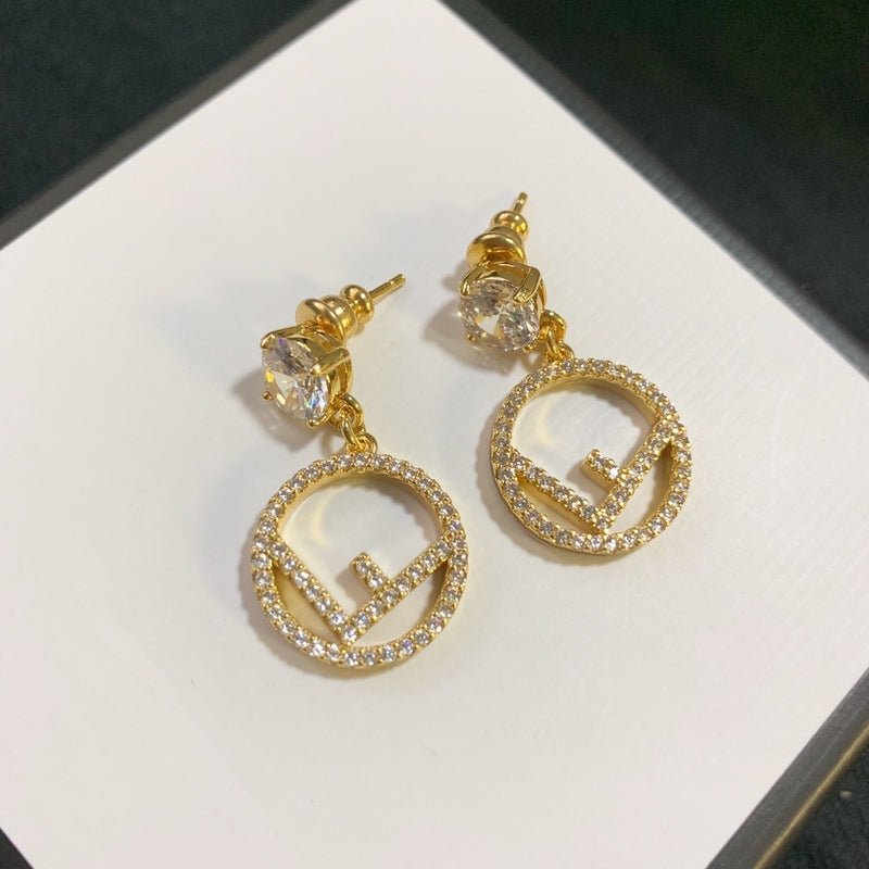 FENDI Diamond-Inlaid Metal F Logo Circular Earrings