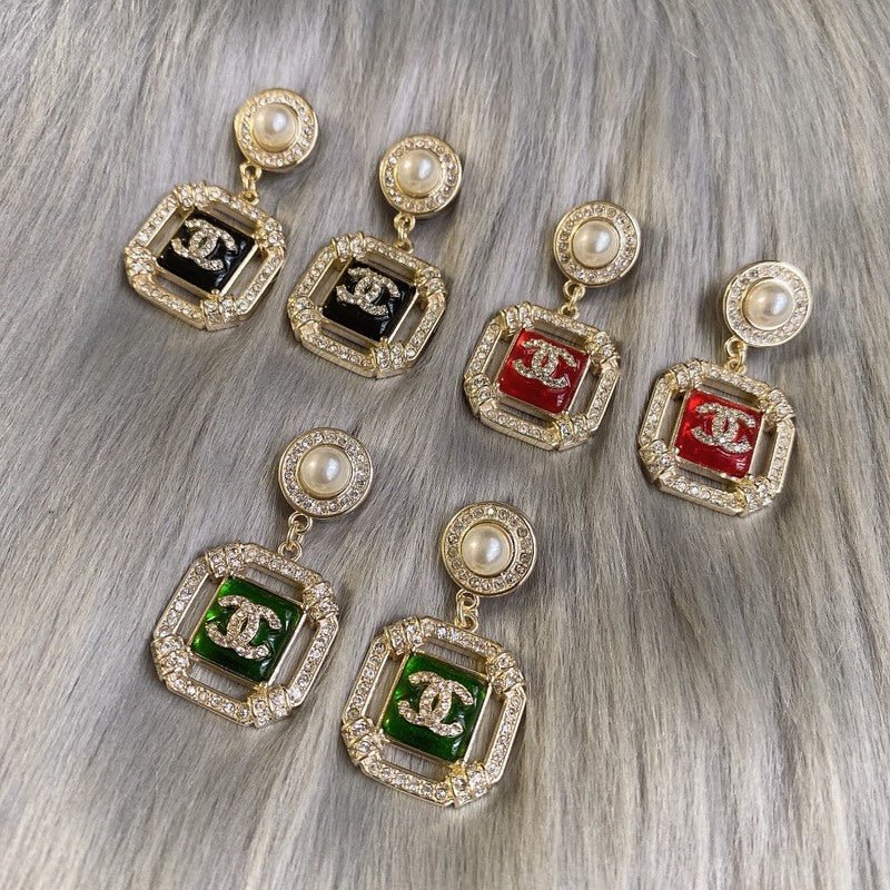 Alternative view of CHANEL Enamel Rhinestone Square Pearl Drop Earrings
