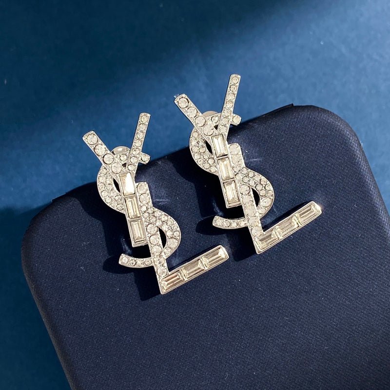 YSL Full Crystal Logo Stud Earrings