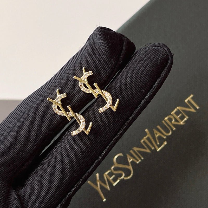 YSL Gold Mini Crystal Logo Studs
