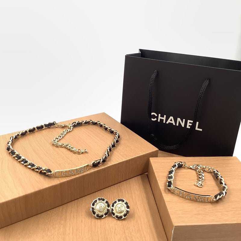 Chanel Gold Leather Chain Pearl CC Jewelry Set
