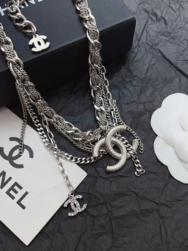 Alternative view of Chanel Silver Multi-Layer Chain Crystal CC Necklace