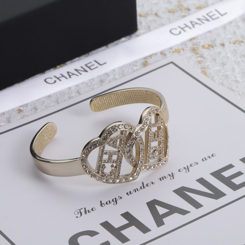 Chanel Rhinestone Heart Double C Cuff Bangle