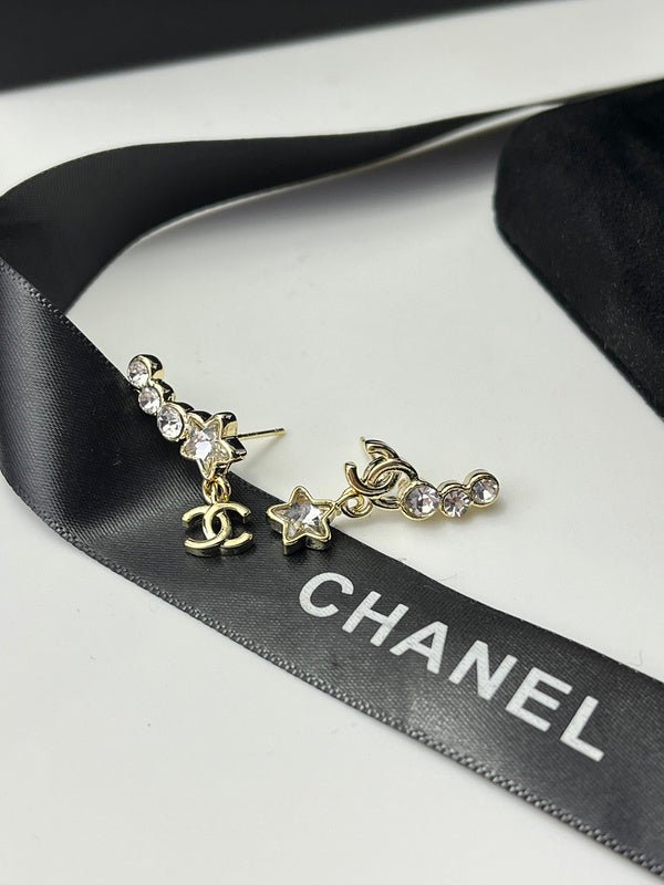 Chanel Star Rhinestone Asymmetric CC Drop Earrings - Image 3