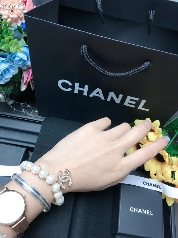 Chanel Pearl Rhinestone Double C Pendant Bracelet - Image 6
