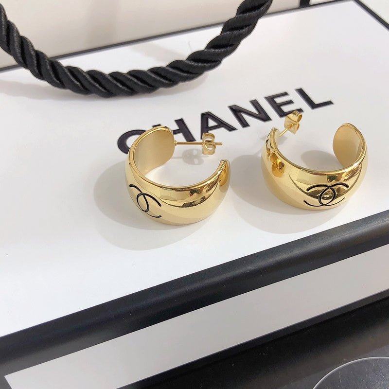 Chanel Wide Gold Engraved Double C Hoop Earrings