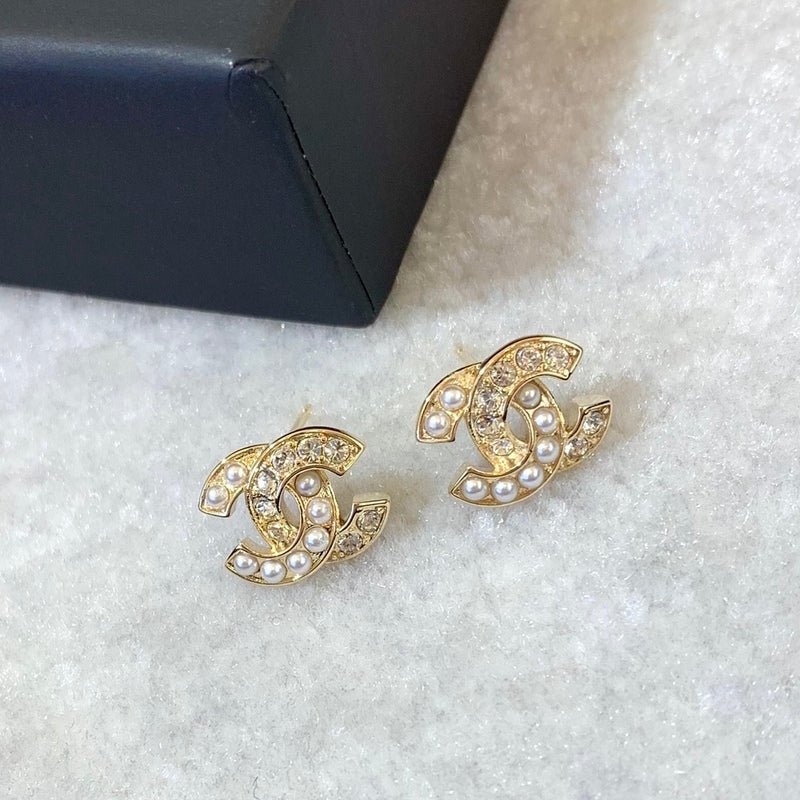 Alternative view of Chanel Pearl Rhinestone CC Stud Earrings