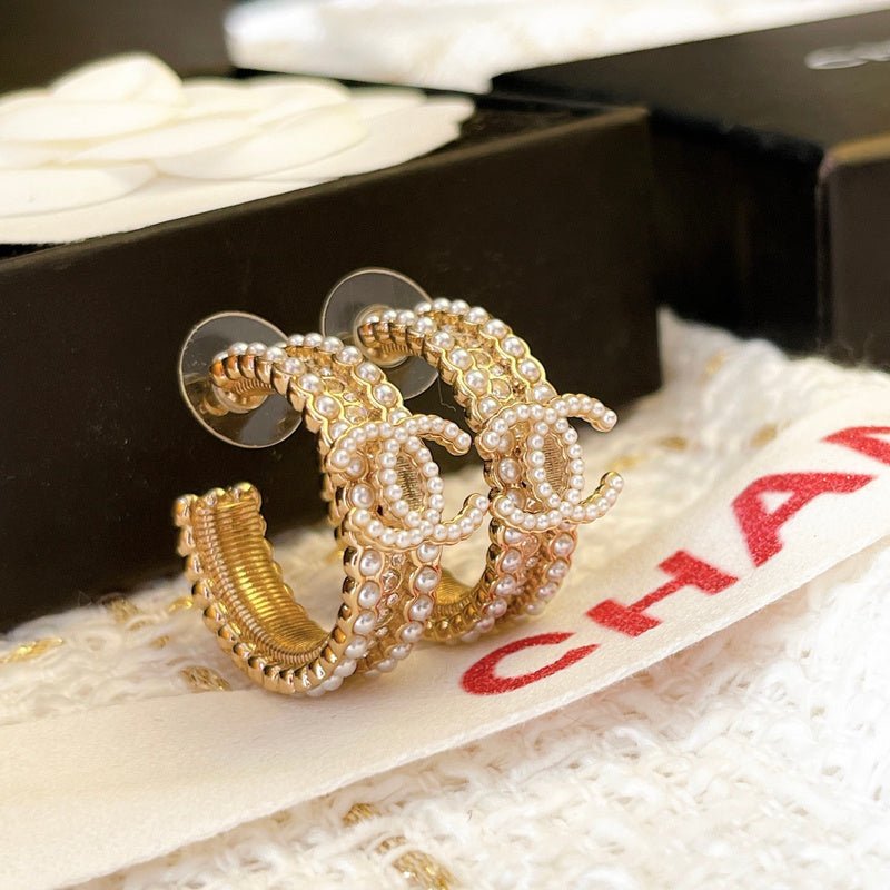 CHANEL Full Pearl Wrapped CC Hoop Stud Earrings