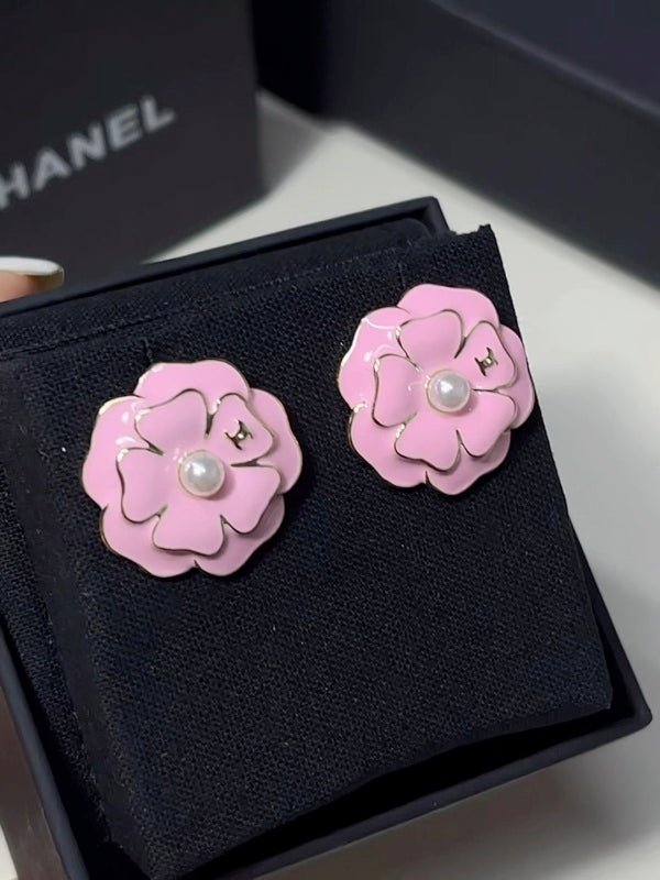 Chanel Pink Enamel Camellia Pearl Stud Earrings - Image 5