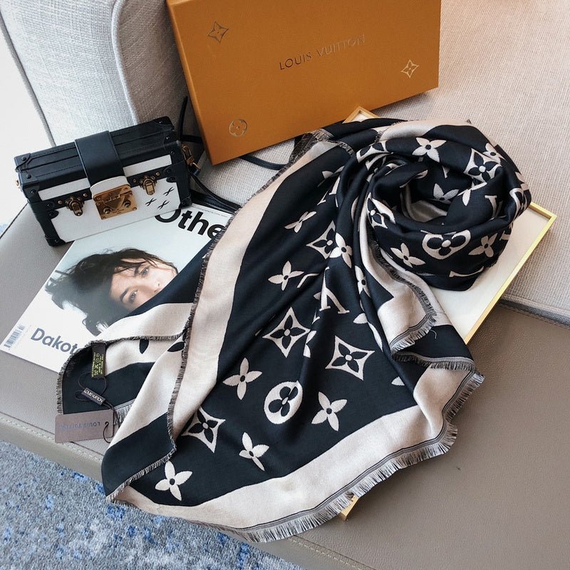 LV Beige Black Classic Monogram Fringed Shawl - Image 4