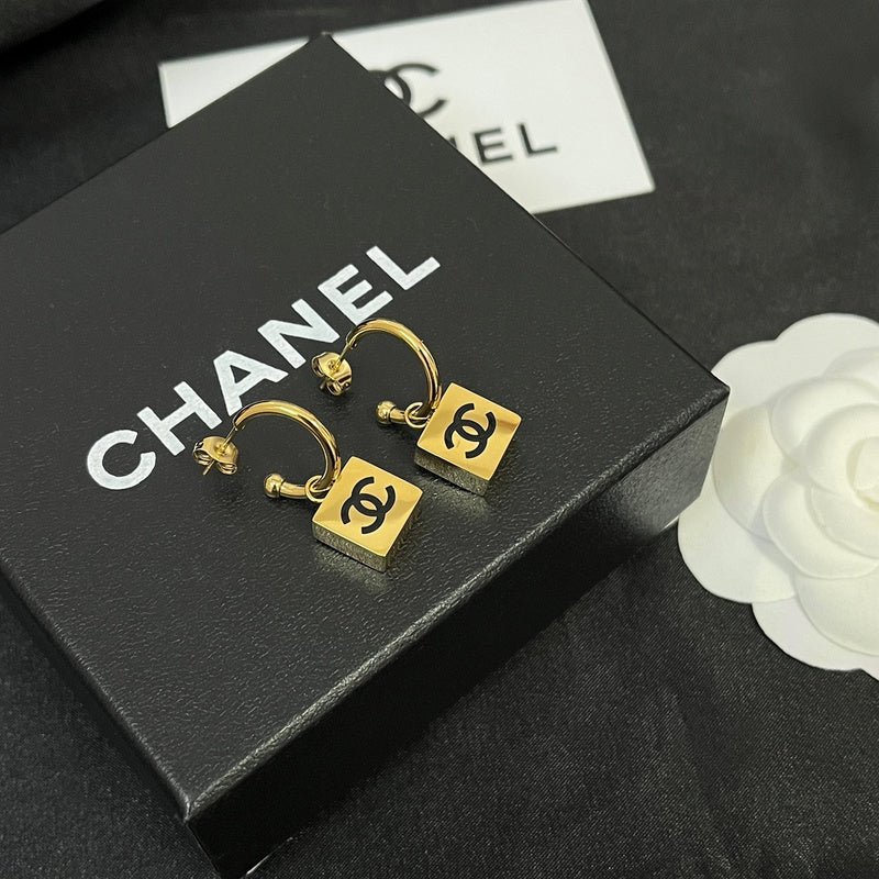 Chanel Square Logo Charm Gold Hoop Earrings - Image 3