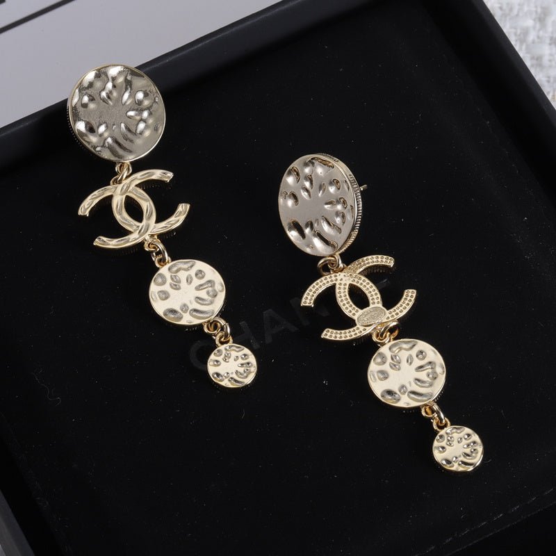 CHANEL Gold Hammered Coin Drop CC Earrings
