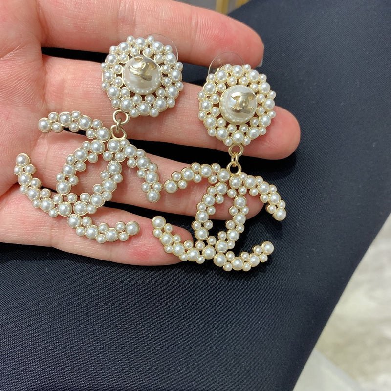 Chanel Multi-Pearl Floral Double C Long Drop Earrings