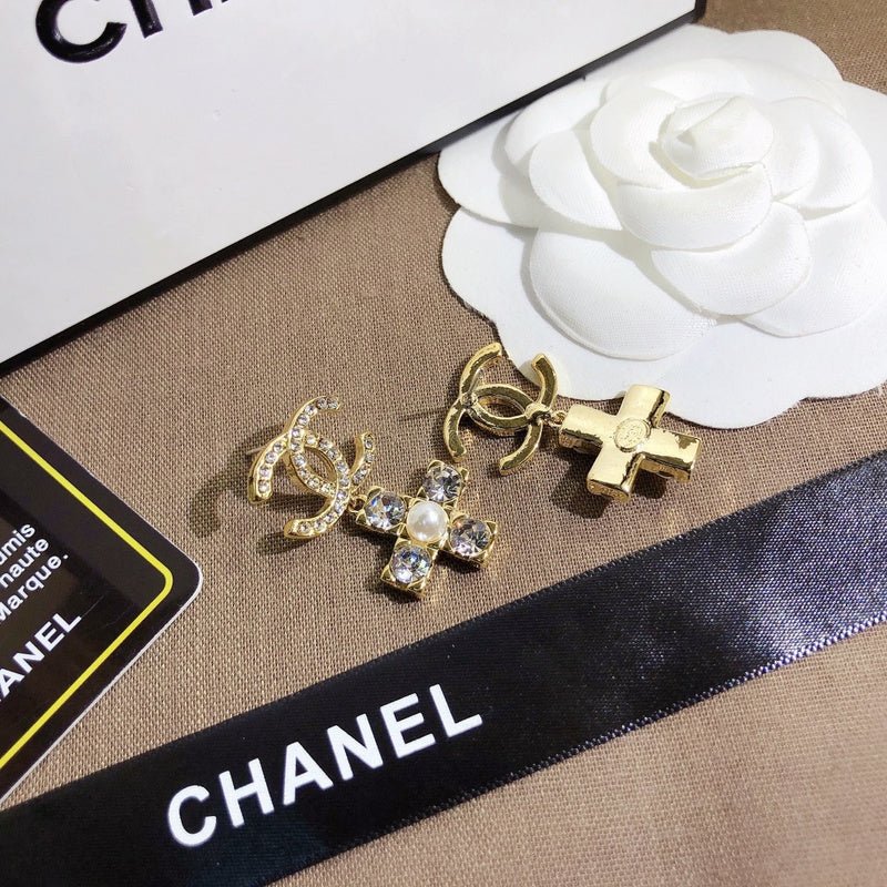 Chanel Crystal Cross Pearl Drop Earrings - Image 6