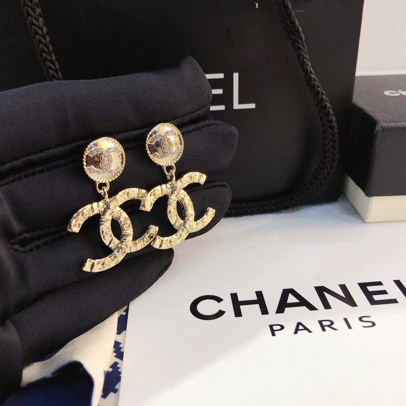 Chanel Textured Gold Double C Drop Earrings