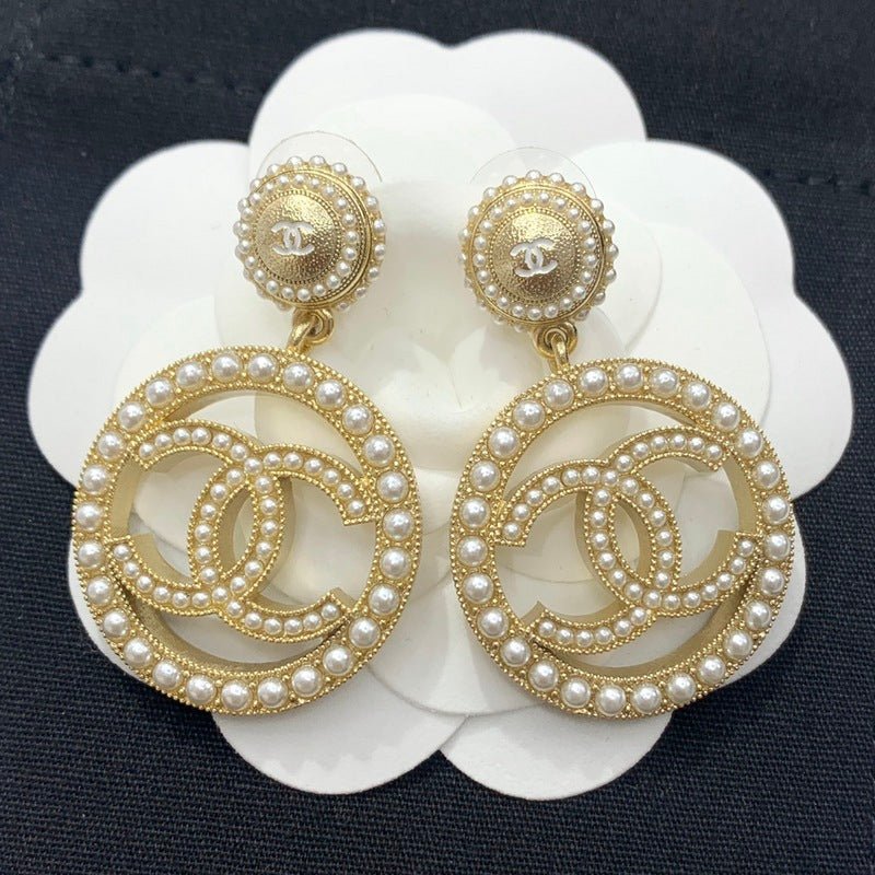 CHANEL Pearl Encircled Large Circle CC Drop Earrings