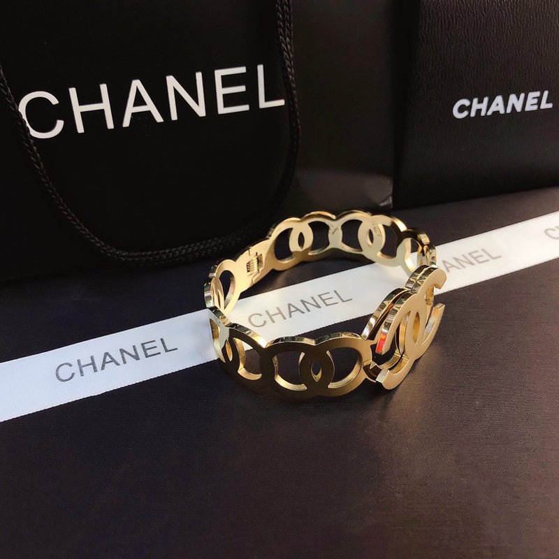 CHANEL Large Hollow Double CC Gold Cuff Bracelet - Image 6