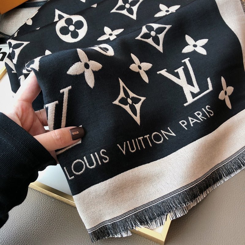 LV Beige Black Classic Monogram Fringed Shawl - Image 3