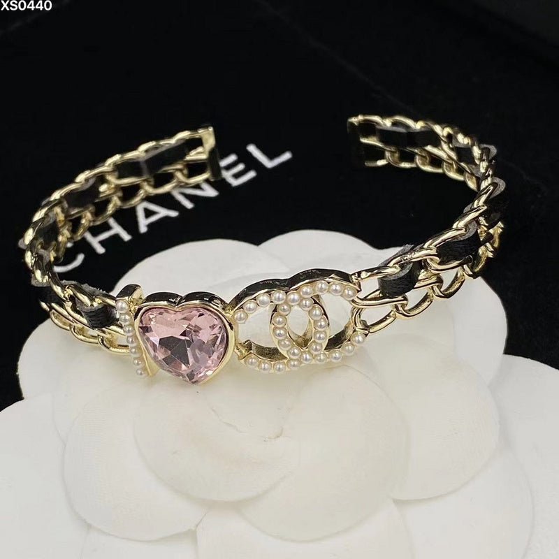 Chanel Pink Heart Gem Double C Chain Cuff - Image 3