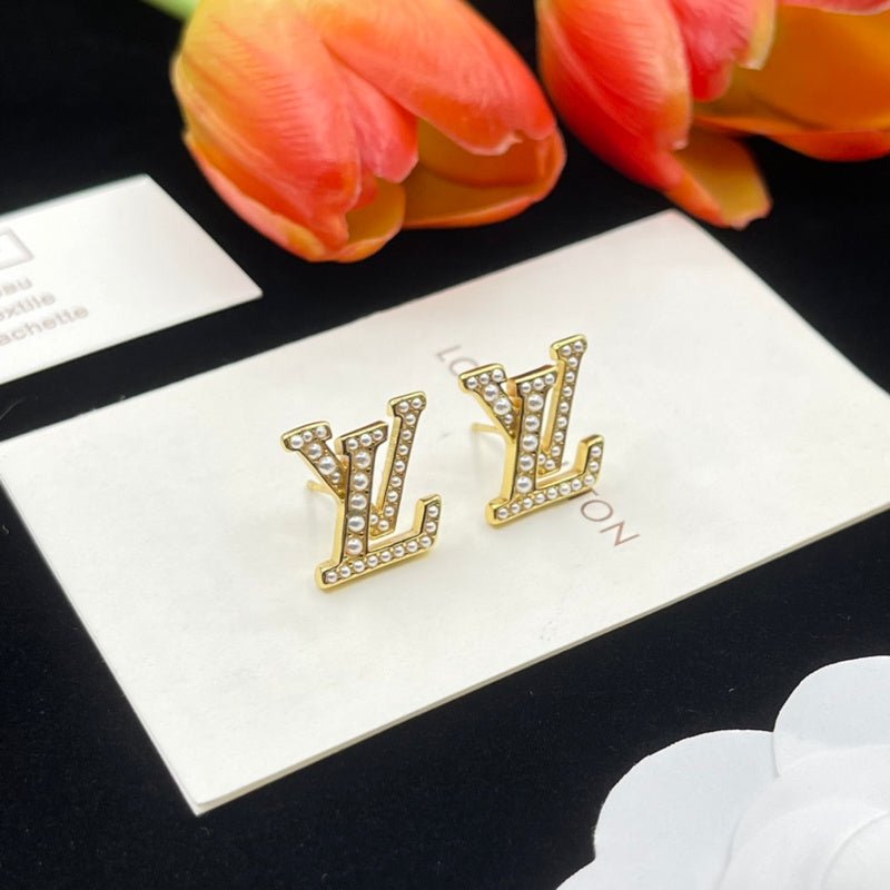 LV Solid Full Pave Crystal Logo Gold Stud Earrings - Image 5