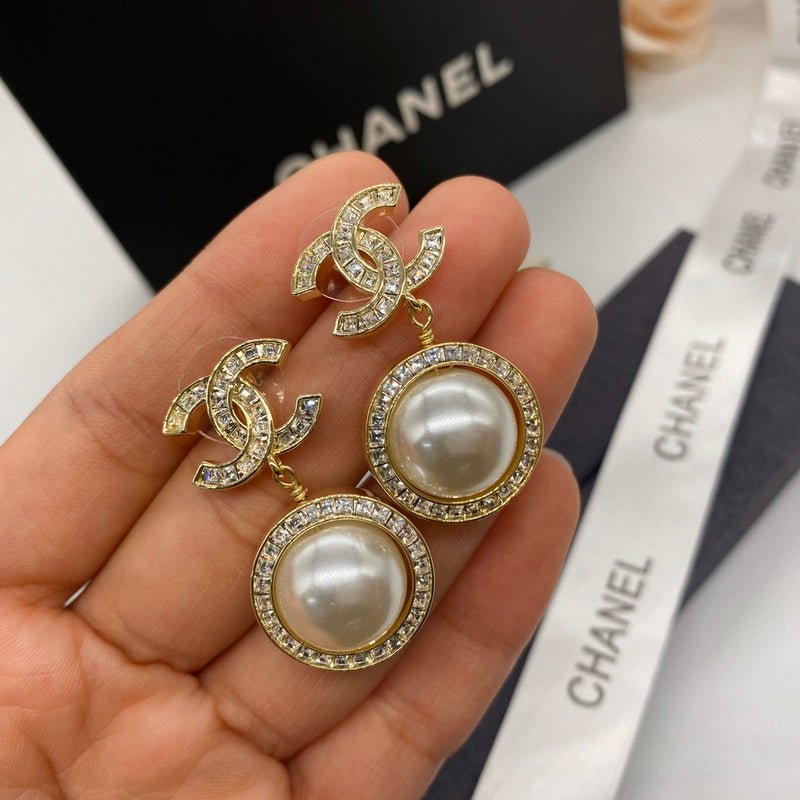 CHANEL Crystal CC Halo Pearl Drop Earrings