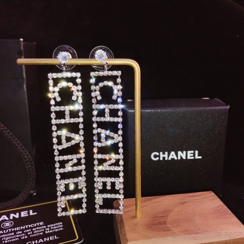 Chanel Full Crystal Letter Drop Dangle Earrings