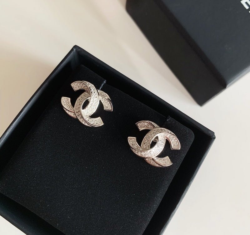 Chanel Textured Silver Double C Studs