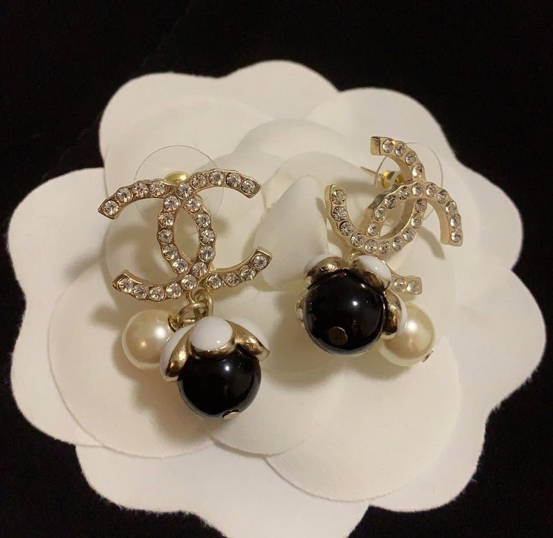 CHANEL Crystal CC Dual Bead Drop Stud Earrings