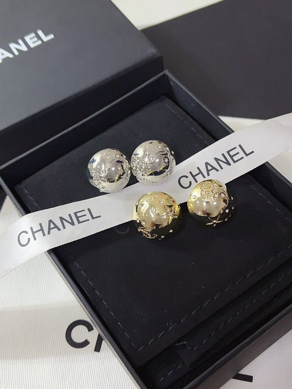 Chanel Hammered Round Logo Stud Earrings Two-Tone