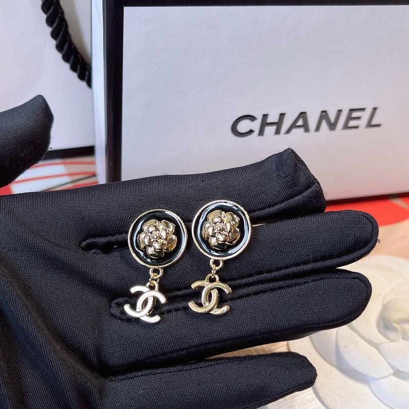 Chanel Black Enamel Camellia Double C Earrings
