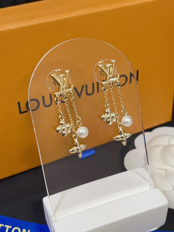LV Logo & Pearl Tassel Earrings - Image 3