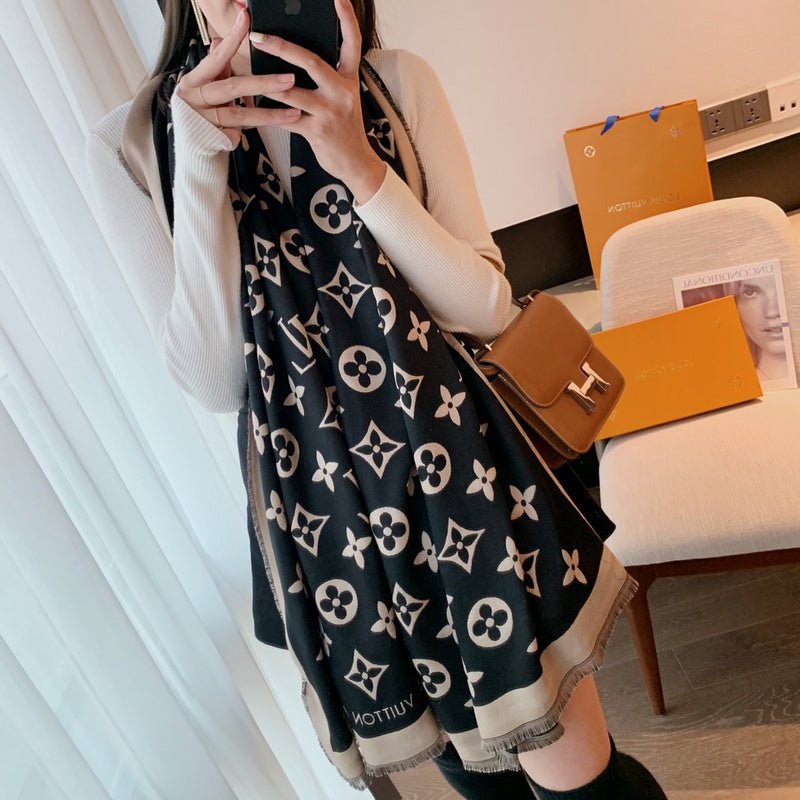 LV Beige Black Classic Monogram Fringed Shawl - Image 5
