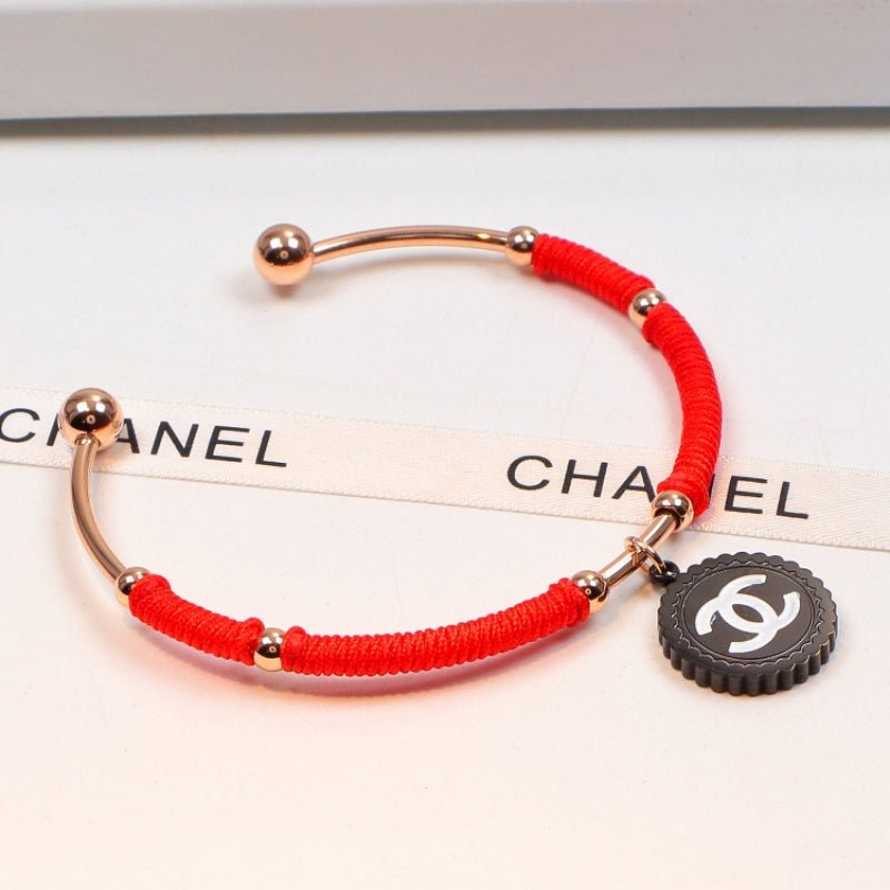 Chanel Red Cord Rose Gold Bottle Cap CC Bracelet - Image 3
