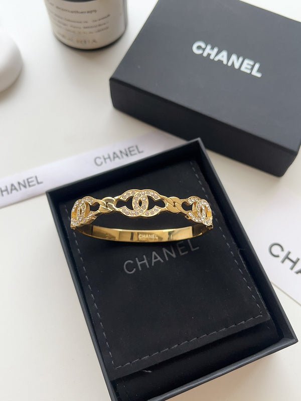 Alternative view of CHANEL Hollow Crystal Linked CC Two-Tone Bangle