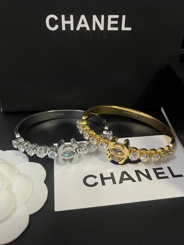 CHANEL Floral Crystal CC Two-Tone Stack Bangle Pair