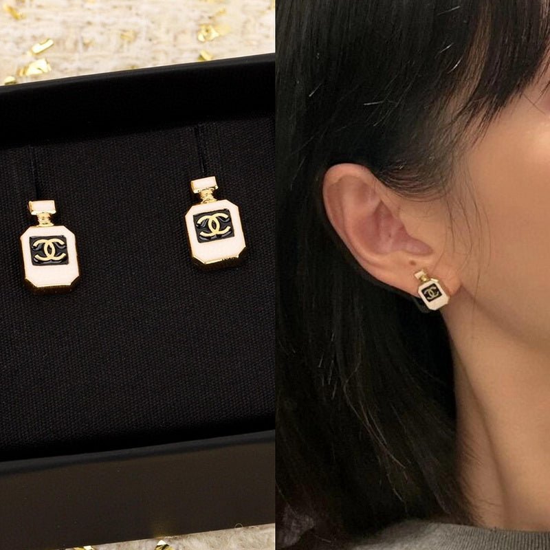 CHANEL White Enamel Perfume Bottle CC Stud Earrings